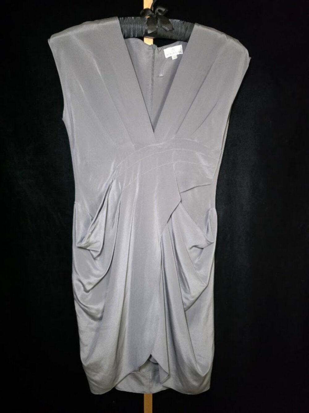 Miguelina 100% Silk Draped Dress in Silvery Gray S